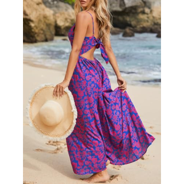 CUPSHE Women's Maxi Dress V Neck Sundress Sleeveless Beach Cutout Self Tie Long Dress Summer Formal Dress Blue Floral, S