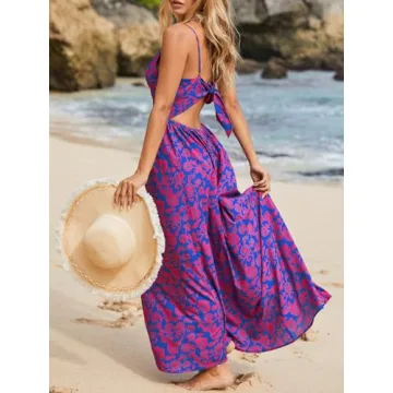 CUPSHE Women's Maxi Dress V Neck Sundress Sleeveless Beach Cutout Self Tie Long Dress Summer Formal Dress Blue Floral, S