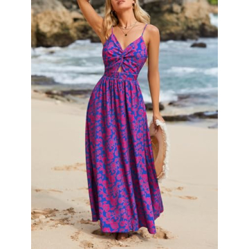 CUPSHE Women's Maxi Dress V Neck Sundress Sleeveless Beach Cutout Self Tie Long Dress Summer Formal Dress Blue Floral, S