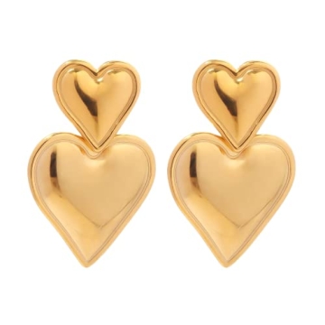 14K Gold Heart Pendant Earrings - Retro Fashion Jewelry Women