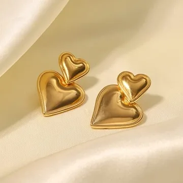 14K Gold Heart Pendant Earrings - Retro Fashion Jewelry Women