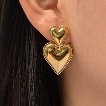14K Gold Heart Pendant Earrings - Retro Fashion Jewelry Women