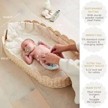 BEBE BASK Premium Baby Changing Basket - Artisan-Crafted Scalloped Rattan - Changing Basket for Baby Dresser - All Accessories Included - Complete Set for Nursery (Natural)