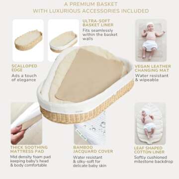 BEBE BASK Premium Baby Changing Basket - Artisan-Crafted Scalloped Rattan - Changing Basket for Baby Dresser - All Accessories Included - Complete Set for Nursery (Natural)