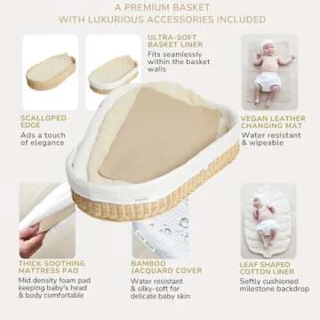 BEBE BASK Premium Baby Changing Basket - Artisan-Crafted Scalloped Rattan - Changing Basket for Baby Dresser - All Accessories Included - Complete Set for Nursery (Natural)