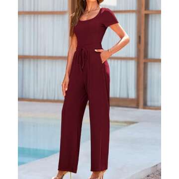 BTFBM Womens Casual 2 Pieces Outfits Dressy Square Neck Short Sleeve Bodysuit Drawstring Pants Knit Lounge Matching Sets(Solid Wine Red, Medium)
