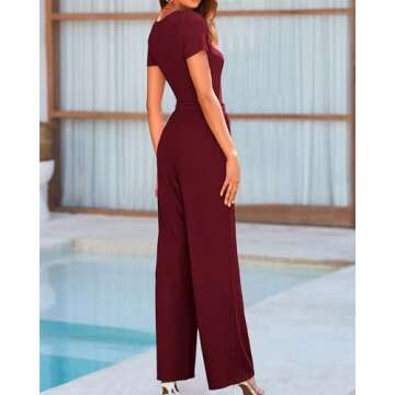 BTFBM Womens Casual 2 Pieces Outfits Dressy Square Neck Short Sleeve Bodysuit Drawstring Pants Knit Lounge Matching Sets(Solid Wine Red, Medium)