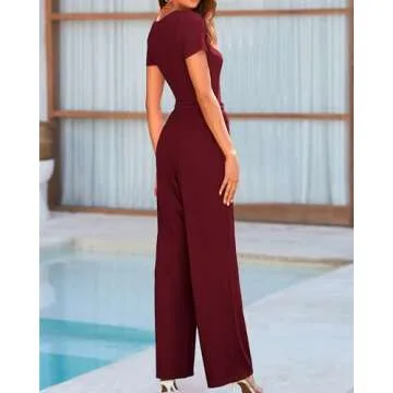 BTFBM Womens Casual 2 Pieces Outfits Dressy Square Neck Short Sleeve Bodysuit Drawstring Pants Knit Lounge Matching Sets(Solid Wine Red, Medium)