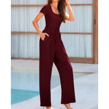 BTFBM Womens Casual 2 Pieces Outfits Dressy Square Neck Short Sleeve Bodysuit Drawstring Pants Knit Lounge Matching Sets(Solid Wine Red, Medium)