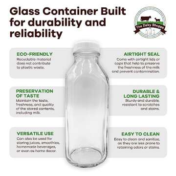 The Dairy Shoppe Heavy Glass Milk Bottles - Jugs with Extra Lids and a Silicone Pour Spout - Clear Milk Containers for Fridge - Reusable Glass Milk Jug Dispenser - Made in USA (33.8 oz, 2 Pack)