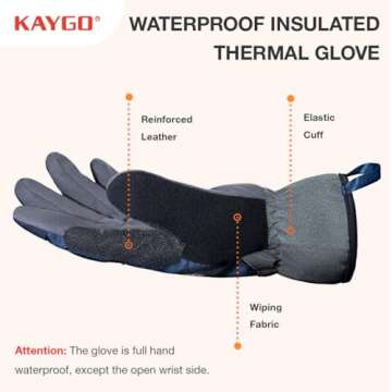 KAYGO Winter Thermal Work Glove, Insulated Fleece Liner, Syhthetic Leather Palm, Water Resistant Safety Work Gloves for Cold Weather, Ideal for Outdoor Activities,Snow Removal, Ice Scraping,Blue, M