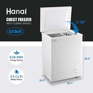 Chest Freezer Small Deep Freezer 3.5 Cu.Ft Mini White Free-Standing Top Door Freezer Adjustable 7 Th...