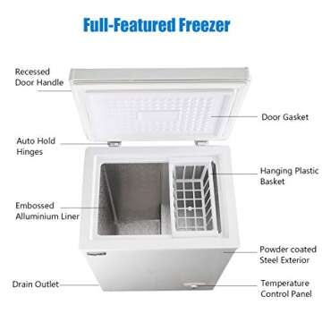 Chest Freezer Small Deep Freezer 3.5 Cu.Ft Mini White Free-Standing Top Door Freezer Adjustable 7 Thermostat and Removable Basket Open Deep Freezer Energy Saving Apartment Kitchen Business
