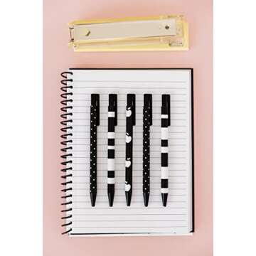 Kate Spade New York Black Ink Pen Set of 5, Cute Plastic Click Pens, Dots and Stripes
