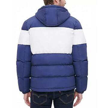 GUESS Men's Color Block Hooded Puffer Jacket, Navy, Small