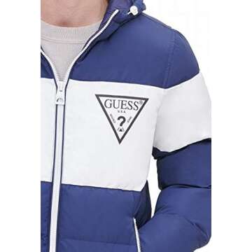 GUESS Men's Color Block Hooded Puffer Jacket, Navy, Small