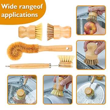 SAMEBUTECO Bamboo Dish Brushes Sets 4 Tools in One Kitchen Clean Dish Scrubber for Pots Pans Bottles with Natural Bristles (Bamboo Brushes Sets)