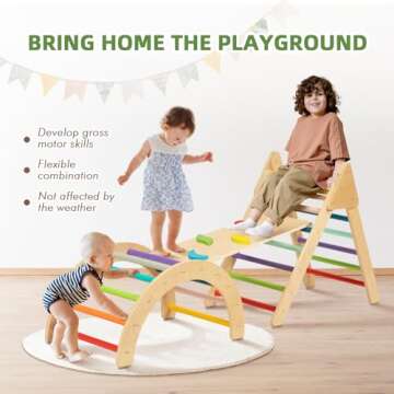 TOOKYLAND 3 in 1 Toddler Rainbow Climbing Toys Indoor, Set of 3 Wooden Safety Sturdy Kids Play Gym, Indoor Outdoor Playground Climbing Toys for Toddler