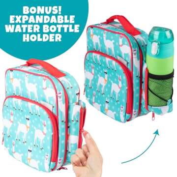 Insulated Lunch Box w Snack Pocket & Water Bottle Holder-Girls or Kids Llama School Lunchbox Tote Keeps Food Hotter or Colder Longer- Reusable Bag Fits Most Bento Boxes, Ice Packs- Back To School