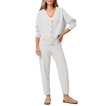 ANRABESS Women 2 Piece Outfits Waffle Knit Long Sleeve Cardigan Set Casual Sweater Pants Lounge Sets...