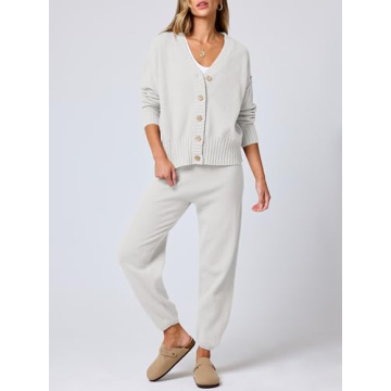 ANRABESS Women 2 Piece Waffle Knit Cardigan Lounge Set