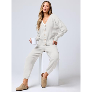 ANRABESS Women 2 Piece Waffle Knit Cardigan Lounge Set