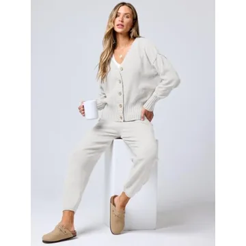 ANRABESS Women 2 Piece Waffle Knit Cardigan Lounge Set