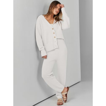 ANRABESS Women 2 Piece Waffle Knit Cardigan Lounge Set