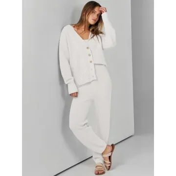 ANRABESS Women 2 Piece Waffle Knit Cardigan Lounge Set