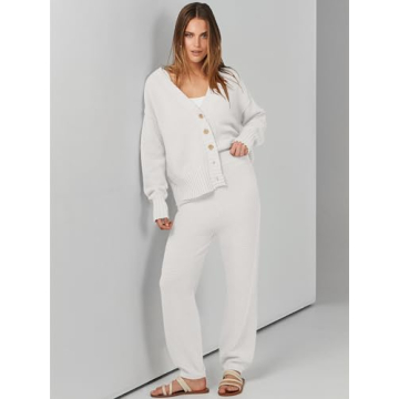 ANRABESS Women 2 Piece Waffle Knit Cardigan Lounge Set