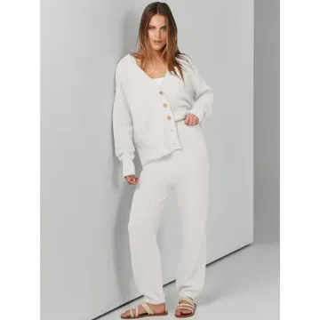 ANRABESS Women 2 Piece Waffle Knit Cardigan Lounge Set