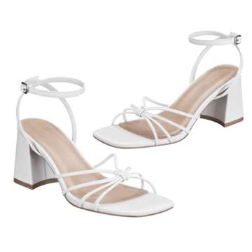ALICEPUB White Heels Block Chunky Heels Short Strappy Heels Square Open Toe Heeled Sandals Comfortab...