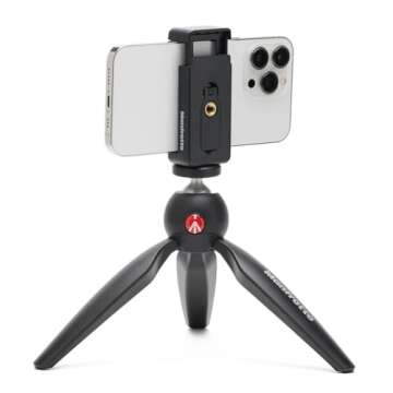 Manfrotto Mini Tripod with Universal Smartphone Clamp, Made in Italy, for iPhone with or Without Case, CSC, Vlogging, Videography, MKPIXICLMII-BK,Black