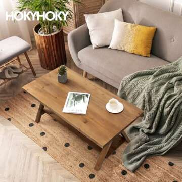 HOKYHOKY Solid Wood Coffee Table - 42.5” Firwood Farmhouse Rustic Wooden Coffee Tables for Living ...