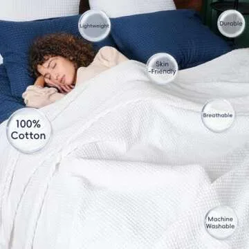 PHF 100% Cotton Waffle Weave Throw Blanket 50" x 60" - Lightweight Cozy Washed Soft Breathable Throw for Adults and Kids - Great Layer for Couch Bed Sofa-Elegant Home Decoration Gift - White