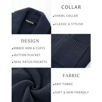 PJ PAUL JONES Men Sweaters Casual Long Sleeve Cardigan Sweaters Textured Cardigans with Pockets Dark Blue