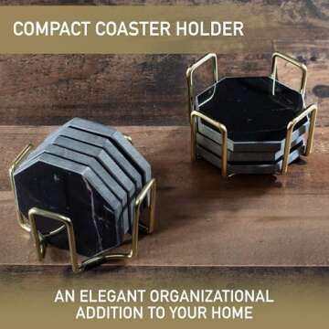Gold Coaster Holders (2 Pack) - Iron Non-Skid & Non-Scratch Holders Protect Tabletops - Fits 5 Coasters 4" to 4.25" in Size - Octagonal Design Holds Coasters of Any Shape - Aesthetic Coaster Storage