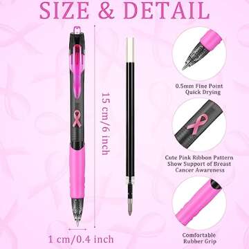 Yeaqee 24 Pcs Breast Cancer Awareness Retractable Pink Pens Pink Ribbon Ballpoint Pen 0.5mm Black In...