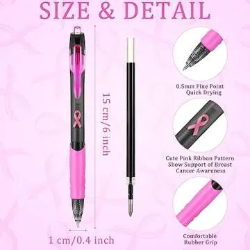 Yeaqee 24 Pcs Breast Cancer Awareness Retractable Pink Pens with Black Ink
