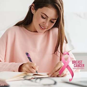 Yeaqee 24 Pcs Breast Cancer Awareness Retractable Pink Pens Pink Ribbon Ballpoint Pen 0.5mm Black Ink Pink Gel Pens Fine Point Pink Office Supplies for Event Theme Party Favors Accessories