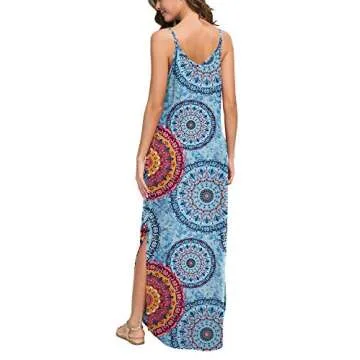 GRECERELLE Women's Summer Casual Loose Dress Spaghetti Strap Beach Cover Up Long Cami Floral Print Casual Maxi Dress with Pocket FP Mix Blue-X-Small
