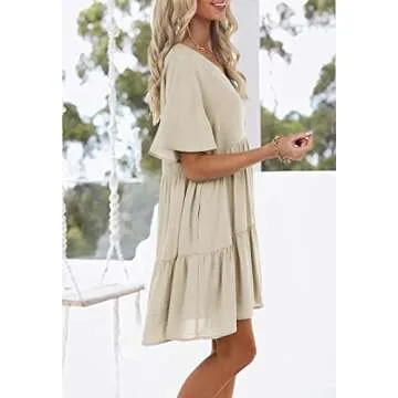 Rilista Women Summer Babydoll Mini Dress Casual Short Sleeve Tiered Button Down Dresses with Pockets