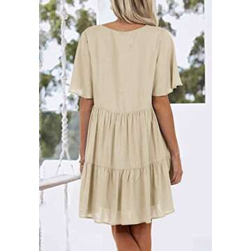 Rilista Women Summer Babydoll Mini Dress Casual Short Sleeve Tiered Button Down Dresses with Pockets
