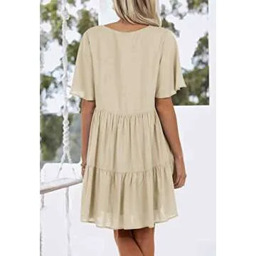 Rilista Women Summer Babydoll Mini Dress Casual Short Sleeve Tiered Button Down Dresses with Pockets