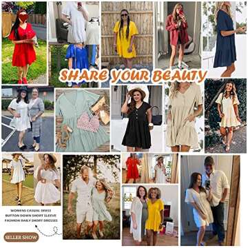 Rilista Women Summer Babydoll Mini Dress Casual Short Sleeve Tiered Button Down Dresses with Pockets