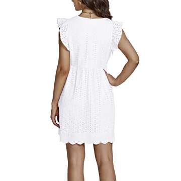 LYANER Women's Elegant Eyelet V Neck Ruffle Cap Sleeve Tank Babydoll A Line Mini Dress White Small