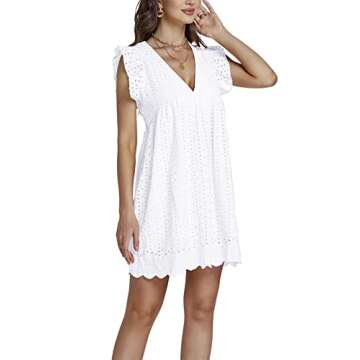 LYANER Women's Elegant Eyelet V Neck Ruffle Cap Sleeve Tank Babydoll A Line Mini Dress White Small