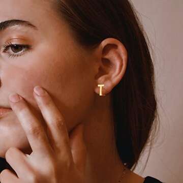 SANNYRA T Initial Stud Earrings for Women, 14K Gold Plated Hypoallergenic Letter Earring, Trendy Jewelry Gifts for Her