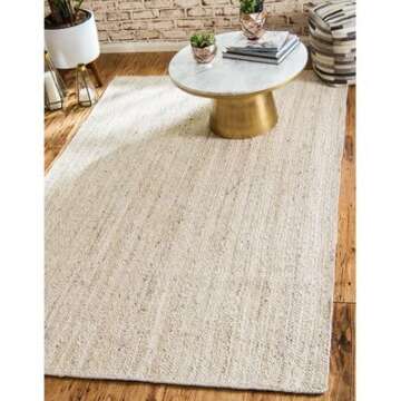 FRELISH DECOR Handwoven Jute Area Rug - Off-White Rectangular Rustic Vintage Beige Braided Reversibl...