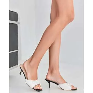 Coutgo Womens Kitten Heels Bow Mules Low Stiletto Heel Slides Sandals Open Toe Backless Comfortable Dress Shoes, White, Size 6.5